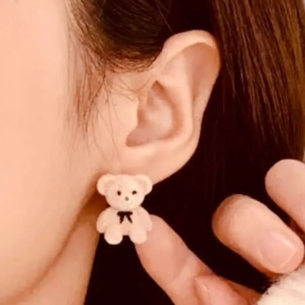 Cute Tan Teddy Bear Flocked Fuzzy Black Bow  Post Earrings